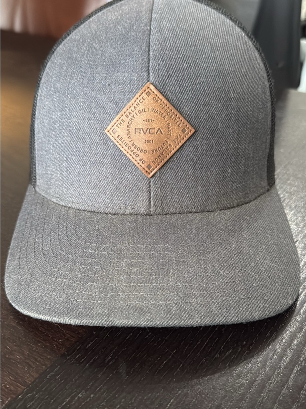 RVCA Charcoal Trucker Hat with Leather Diamond Patch